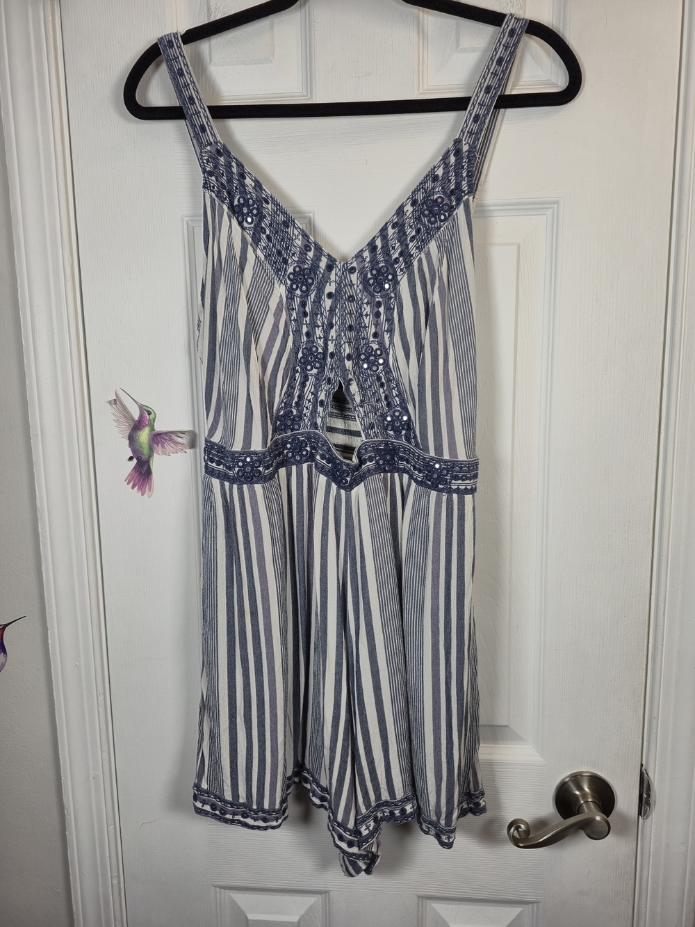 American Eagle Boho Striped Embroidered Cut-Out Romper Large Blue White Mirror